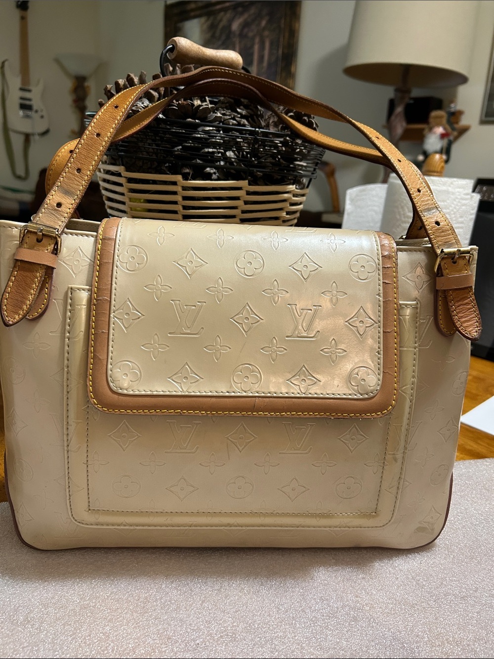 Louis Vuitton Cream Vernis Monogram Shoulder Bag with Tan Trim